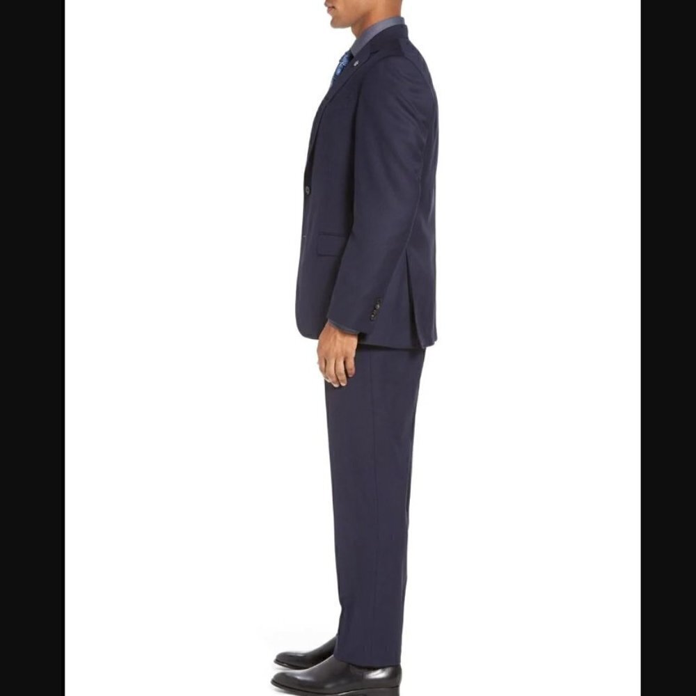 TED BAKER Blue Wool/Linen 2-Piece Jacket & Pant  Suit Purple Lining 40 Reg 34x28